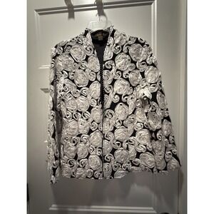 Vintage Jerry T 3D Floral Rose Ribbon Jacket Studded Trim Black White Medium